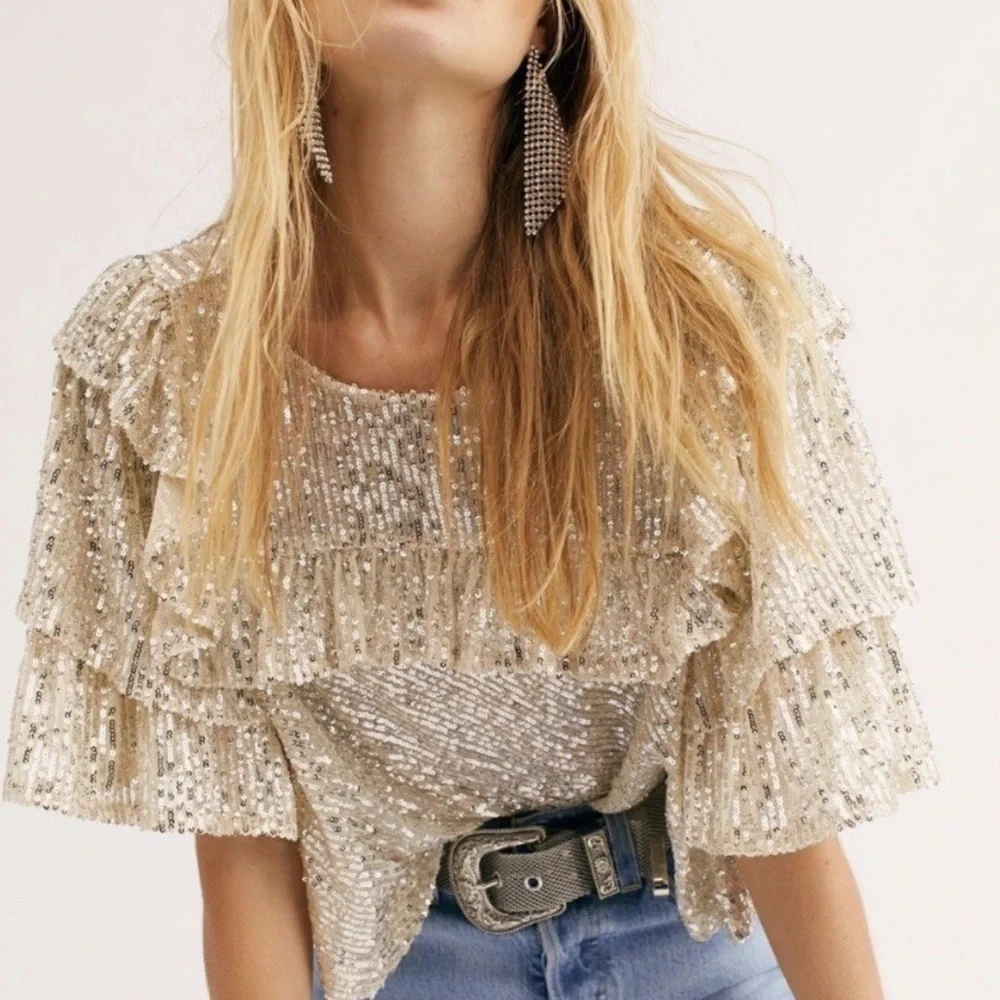 Free People Gold Sequin Blouse - Picture 1 of 10